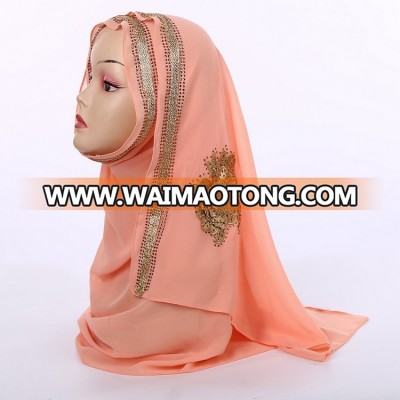 2018 China Factory Retro Wholesale Pearl Chiffon Hot Drilling Long Shawl Muslim Women Hijab Pins